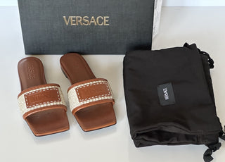 VERSACE Women's Theia Raffia Flats Sandals 10 US (40 Eu) 1016941 Italy NIB $725