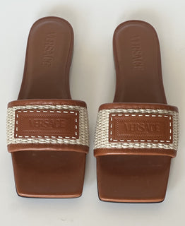 VERSACE Women's Theia Raffia Flats Sandals 10 US (40 Eu) 1016941 Italy NIB $725