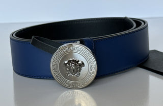 Versace Silver Medusa-Buckle Blue Leather Belt 95 (38) Italy 1006276 NIB $600