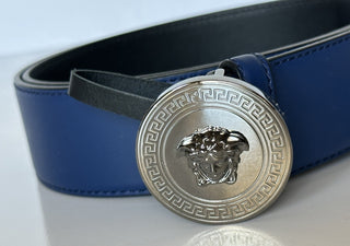 Versace Silver Medusa-Buckle Blue Leather Belt 95 (38) Italy 1006276 NIB $600