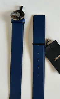 Versace Silver Medusa-Buckle Blue Leather Belt 95 (38) Italy 1006276 NIB $600