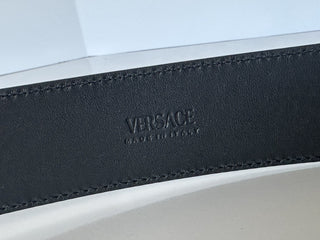 Versace Silver Medusa-Buckle Blue Leather Belt 95 (38) Italy 1006276 NIB $600