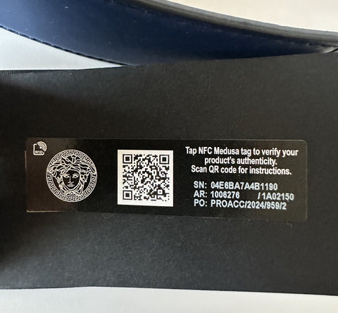 Versace Silver Medusa-Buckle Blue Leather Belt 95 (38) Italy 1006276 NIB $600