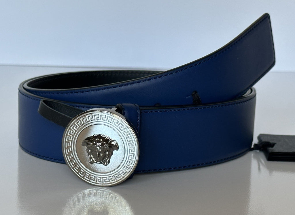 Versace Silver Medusa-Buckle Blue Leather Belt 100 (40) Italy 1006276 NIB $600