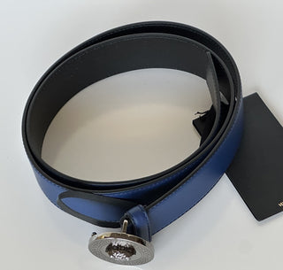 Versace Silver Medusa-Buckle Blue Leather Belt 105 (42) Italy 1006276 NIB $600