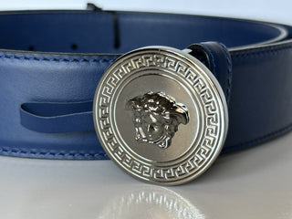 Versace Silver Medusa-Buckle Blue Leather Belt 85 (34) Italy 1006276 NIB $525