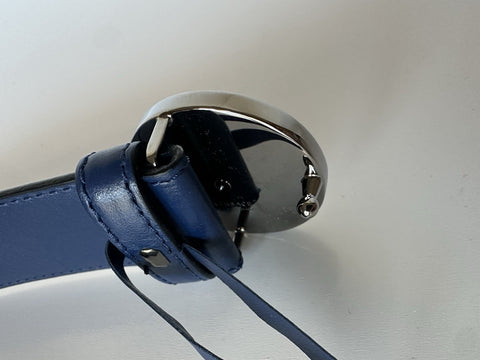 Versace Silver Medusa-Buckle Blue Leather Belt 85 (34) Italy 1006276 NIB $525