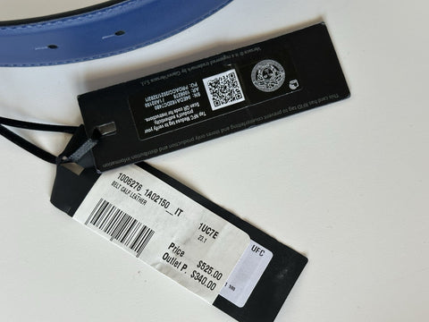 Versace Silver Medusa-Buckle Blue Leather Belt 85 (34) Italy 1006276 NIB $525