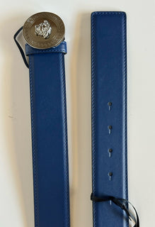 Versace Silver Medusa-Buckle Blue Leather Belt 85 (34) Italy 1006276 NIB $525