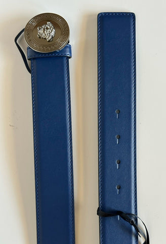 Versace Silver Medusa-Buckle Blue Leather Belt 85 (34) Italy 1006276 NIB $525