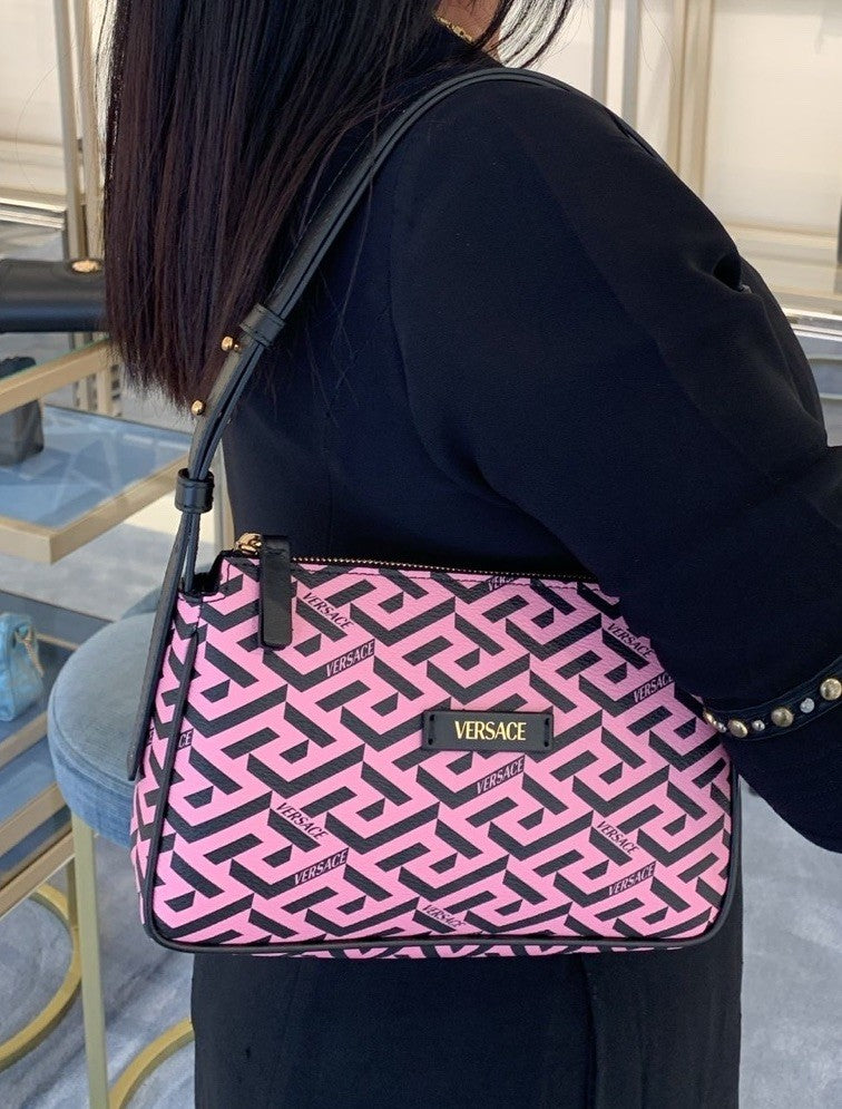 Versace Greca Coated Canvas Leather Pink/Black Shoulder Bag IT 1020801 NWT
