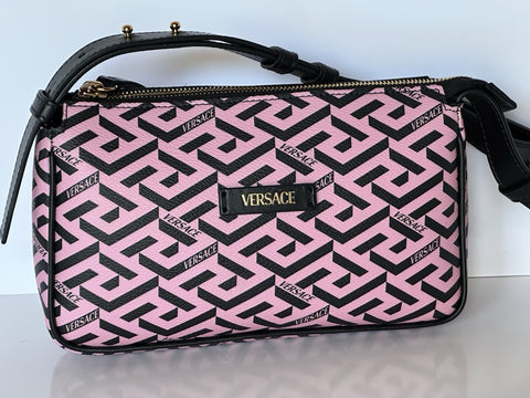 Versace Greca Coated Canvas Leather Pink/Black Shoulder Bag IT 1020801 NWT