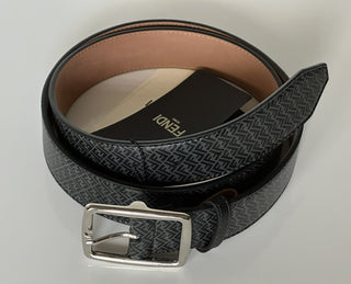 NWT $590 Fendi FF Logo Calf Leather Black/Grey Belt 110/44 Italy 7C0434