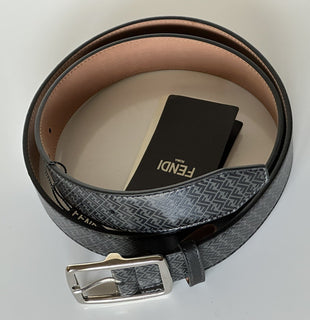 NWT $590 Fendi FF Logo Calf Leather Black/Grey Belt 110/44 Italy 7C0434