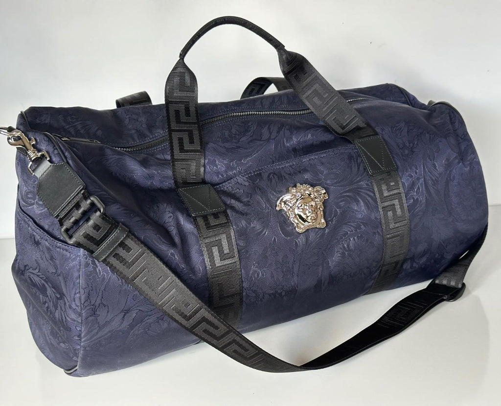 Versace Medusa Head & Greca Key Nylon Large Blue Duffle Bag Italy 1015571 NWT