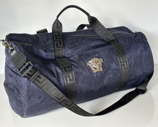 Versace Medusa Head & Greca Key Nylon Large Blue Duffle Bag Italy 1015571 NWT