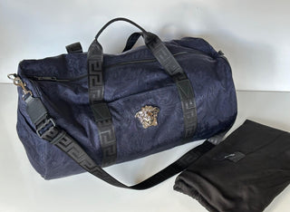 Versace Medusa Head & Greca Key Nylon Large Blue Duffle Bag Italy 1015571 NWT