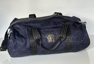 Versace Medusa Head & Greca Key Nylon Large Blue Duffle Bag Italy 1015571 NWT