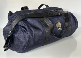 Versace Medusa Head & Greca Key Nylon Large Blue Duffle Bag Italy 1015571 NWT