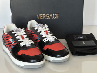 Versace Greca Men’s Leather Black/Orange Red Sneakers 10 US (43) 1013377 IT NIB