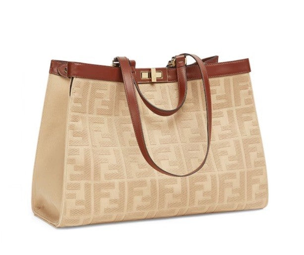 Fendi FF Logo Peekaboo X-Lite Medium Canvas Beige Tote Bag 8BH374 IT NWT $2723