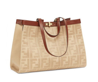 Fendi FF Logo Peekaboo X-Lite Medium Canvas Beige Tote Bag 8BH374 IT NWT $2723