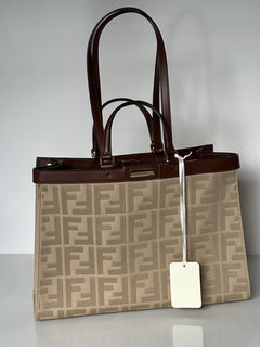 Fendi FF Logo Peekaboo X-Lite Medium Canvas Beige Tote Bag 8BH374 IT NWT $2723