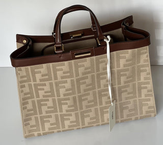 Fendi FF Logo Peekaboo X-Lite Medium Canvas Beige Tote Bag 8BH374 IT NWT $2723