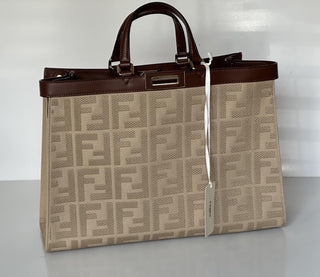 Fendi FF Logo Peekaboo X-Lite Medium Canvas Beige Tote Bag 8BH374 IT NWT $2723