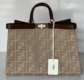 Fendi FF Logo Peekaboo X-Lite Medium Canvas Beige Tote Bag 8BH374 IT NWT $2723