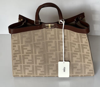 Fendi FF Logo Peekaboo X-Lite Medium Canvas Beige Tote Bag 8BH374 IT NWT $2723