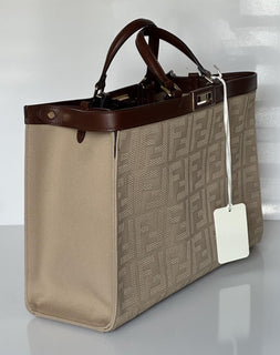 Fendi FF Logo Peekaboo X-Lite Medium Canvas Beige Tote Bag 8BH374 IT NWT $2723