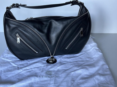 Versace Silver Medusa Head Calf Leather Medium Black Hobo Bag 1007679 NWOT $2325