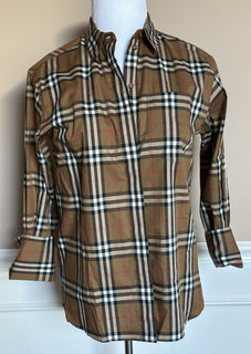 Burberry Women’s Taupe Brown IP Check Button-down Shirt 4 US 8093480 NWT