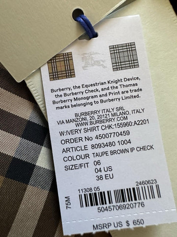 Burberry Women’s Taupe Brown IP Check Button-down Shirt 4 US 8093480 NWT