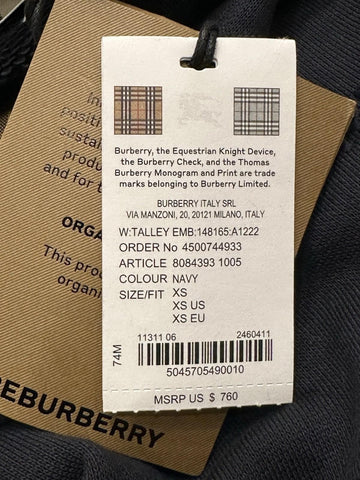 Burberry Talley Logo Checked Sweatshirt with Hoodie Navy XS 8084393 NWT $760