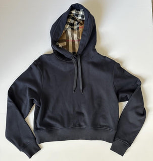 Burberry Talley Logo Checked Sweatshirt with Hoodie Navy XS 8084393 NWT $760