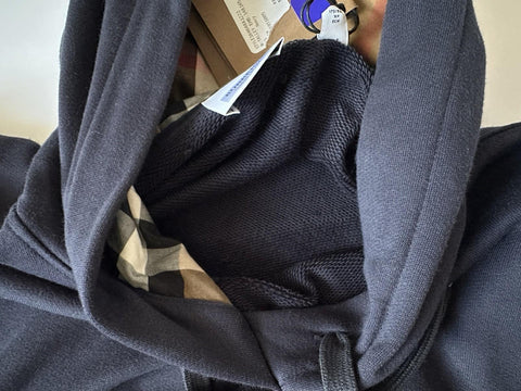 Burberry Talley Logo Checked Sweatshirt with Hoodie Navy XS 8084393 NWT $760