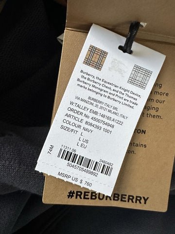 Burberry Talley Logo Checked Sweatshirt with Hoodie Navy L 8084393 NWT $760