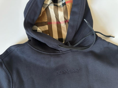 Burberry Talley Logo Checked Sweatshirt with Hoodie Navy L 8084393 NWT $760