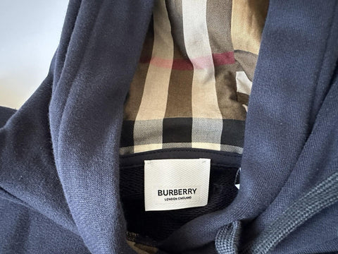 Burberry Talley Logo Checked Sweatshirt with Hoodie Navy L 8084393 NWT $760