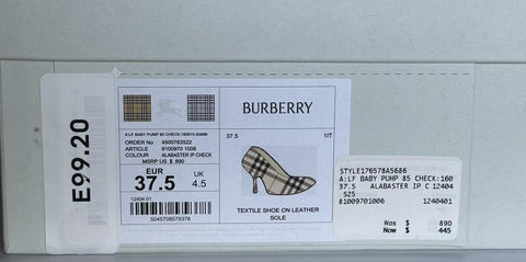 Burberry Women's Pump Alabaster IP Check Shoes 7.5 US (37.5) 8100970 IT NIB $890