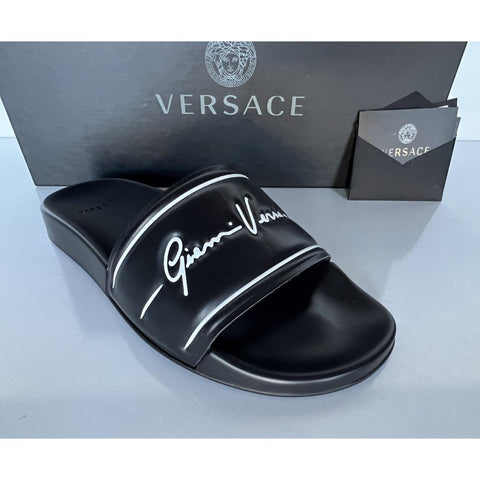 NIB $495 Versace Signature Logo Slides Sandals Black 9 US (42 Euro) IT DSU8060