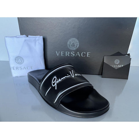 NIB $495 Versace Signature Logo Slides Sandals Black 9 US (42 Euro) IT DSU8060