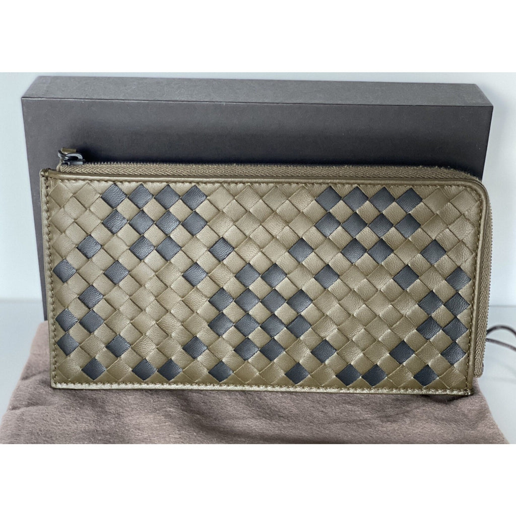 NWT $630 Bottega Veneta Intrecciato Leather Zipper Wallet Mustard/Black 566431