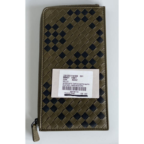 NWT $630 Bottega Veneta Intrecciato Leather Zipper Wallet Mustard/Black 566431