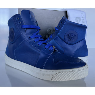 NIB $800 Versace Leather/Nylon Blue High-top Sneakers 8 US (41 Euro) DSU7828S