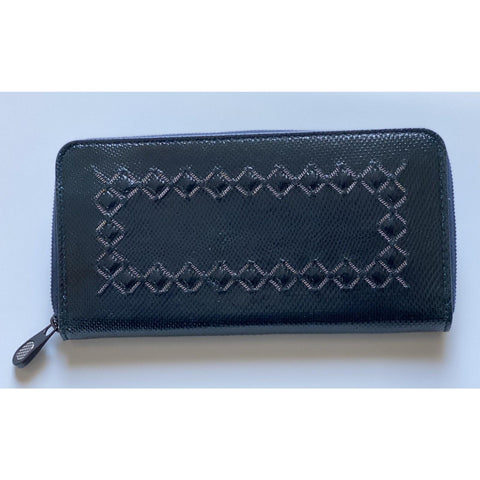 NWT $980 Bottega Veneta Zipper Karung Shiny Leather Brighton Black Wallet 547964