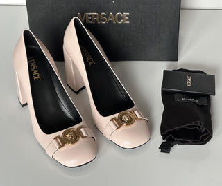Versace Medusa Head Soft Pink Leather Black Pumps 10 US (40) Spain 1014616 NIB