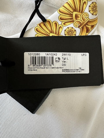 Versace Medusa White/Gold Piquet Cotton Polo Shirt L 1012260 NWT